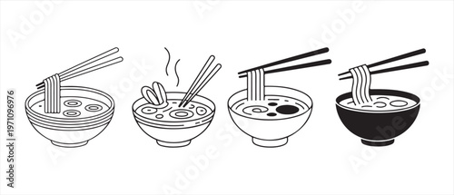 Assortment of Asian Noodle Bowls with Chopsticks, Monochrome Line Art Illustration for Culinary Themes.
