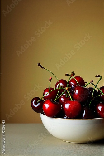 A white bowl filled with shiny red cherries on a table against a warm brown background, exuding a cozy and inviting atmosphere with natural lighting.