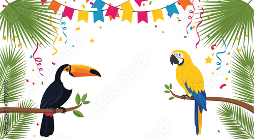 Tropical toucan and parrot perched on branches with colorful party banners and confetti representing a festive summer celebration.