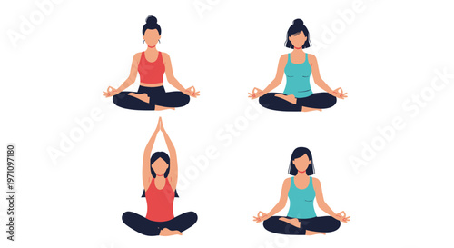 Four diverse women in athletic wear performing meditation and yoga poses to promote physical and mental wellness in a group class.