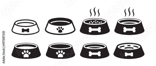 Pet Food Bowl Vector Icon Set. in Black and White Representing Feeding, Water, and Care for Dogs and Cats.