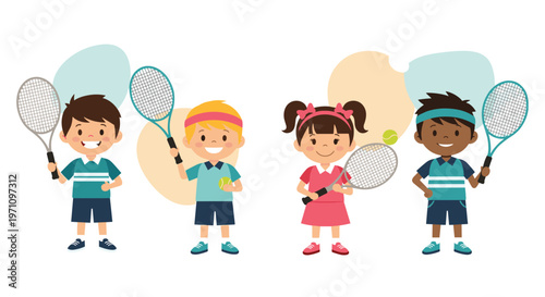 Four diverse children in sports uniforms holding tennis rackets and balls ready for a match on a colorful abstract background.