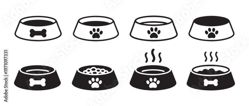 Pet Food and Water Bowls Icon Set. with Bone and Paw Print Designs in Black and White Minimalist Style.