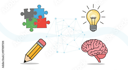 Creative concept illustration featuring a puzzle, glowing light bulb, pencil, and human brain to represent brainstorming and problem solving.