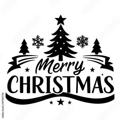 Merry Christmas with Christmas Tree and Snowflakes - Holiday Greeting