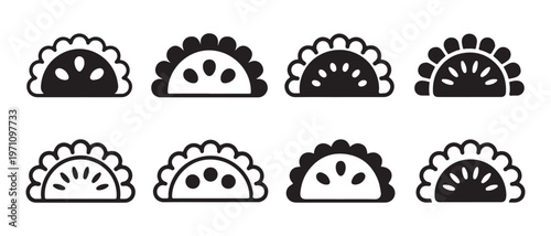 Set of diverse empanada icons in black and white, simple outline and solid fill designs.