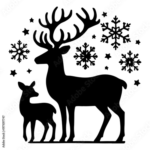 Reindeer Family with Snowflakes - Festive Holiday Scene