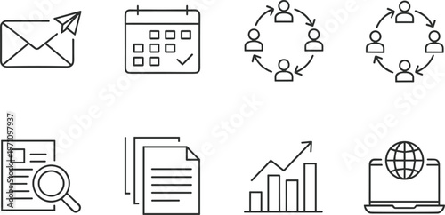 Business productivity line icon set featuring email marketing calendar scheduling team collaboration document analysis growth charts and global network communication symbols.