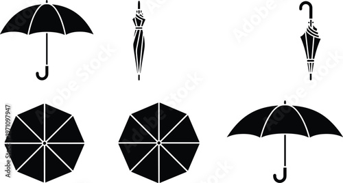 Black umbrella icon set with open closed and top view silhouettes for rainy weather protection autumn season and accessory design.