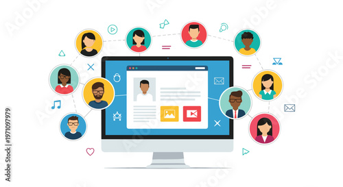 Modern computer monitor displaying a user profile surrounded by a network of diverse people icons for social media connectivity concept.