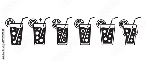 Set of stylized black and white icons of refreshing drinks with straws and citrus slices, displaying bubbles and ice.