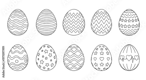 Collection of ten Easter eggs with various black and white patterns and designs for holiday coloring book or craft project.