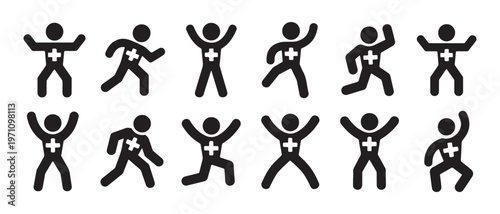 Active Stick Figures with Health Cross Symbol in Dynamic Poses on White Background Representing Wellness and Care.