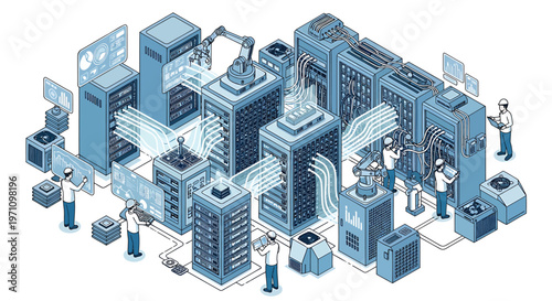Industrial factory, manufacturing process, blue isometric illustration, industry and production concept, 3D vector graphics