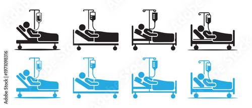 Patient in Hospital Bed with IV Drip Icon Set. Medical Treatment and Healthcare Graphic Collection.