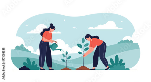 Two environmentally conscious women watering and planting young tree saplings in a beautiful hilly landscape for conservation efforts.