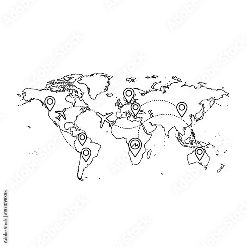 World Map with Location Pins Marked.