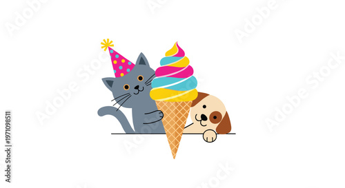 Cute grey cat wearing a party hat and a brown dog peeking out from behind a large colorful ice cream cone for celebration.
