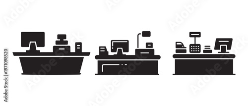 Modern Retail Checkout Counter and Cash Register POS System Silhouette Icons.