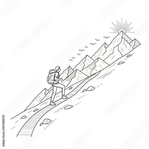 Person Hiking on Mountain Trail Path.