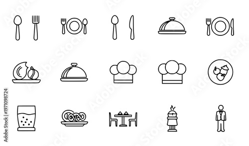 Catering outline icon collection in circular layout with restaurant tableware and service symbols thin line vector design