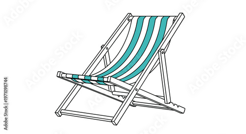 Foldable wooden beach chair with blue and white stripes isolated on a white background perfect for summer relaxation.