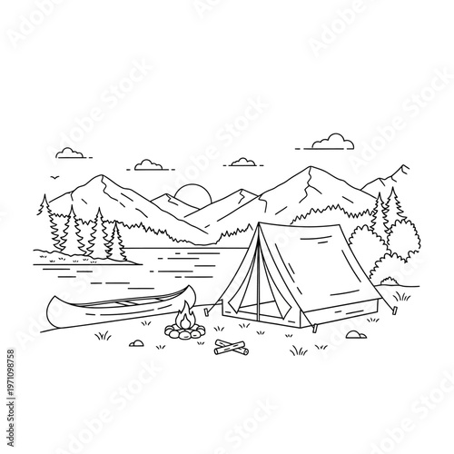 Camping Tent and Canoe Setup.