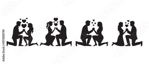 Silhouette Scenes of Marriage Proposal with Hearts, Couple on Knees.