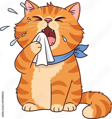 A cartoon orange cat blowing its nose with a tissue while looking very sick