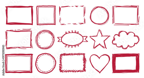 Collection of Hand-Drawn Red Shapes and Frames for Design Projects