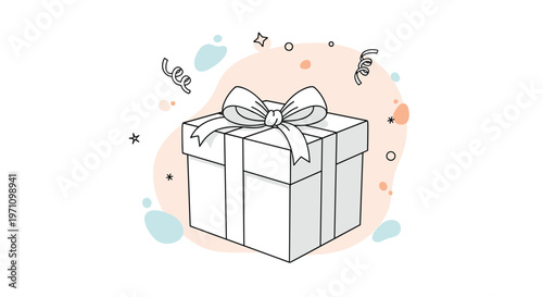 White gift box wrapped with a beautiful ribbon and bow surrounded by festive confetti and stars on a soft background.