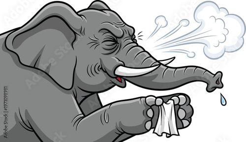 A cartoon elephant blowing its nose with a tissue in a comical scene