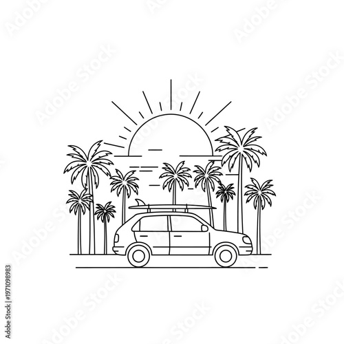 Car with surfboard on top driving.