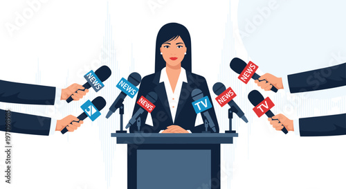 Confident female spokesperson or politician standing at a podium surrounded by many microphones during a press conference.