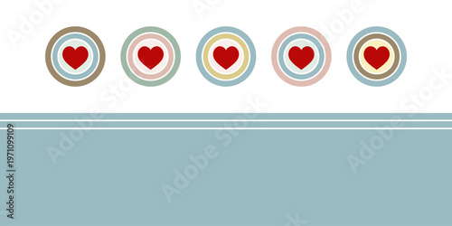 Vektorgrafik mit roten Herzen auf pastellfarbenen Kreisen. Freier Platz für Text. Vorlage für Einladungen, Grußkarten, Social Media Posts und Werbung.