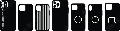 Collection of black smartphone case silhouettes featuring various camera lens cutouts magnetic rings and striped pattern designs for tech accessories.