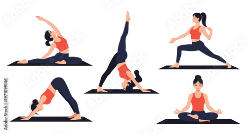 Collection of diverse women practicing various yoga poses and meditation on mats to promote health and physical fitness.