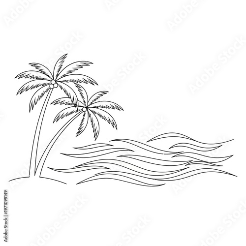 Two palm trees on sandy beach.