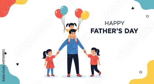 Smiling father carrying his daughter on his shoulders while holding hands with two other girls for a happy father day.
