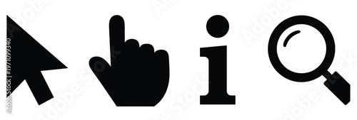 Set of four black vector icons: cursor, hand, information symbol, and magnifying glass.