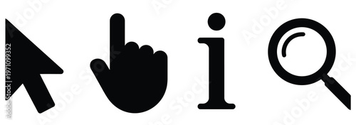Set of four black vector icons: cursor, hand, information symbol, and magnifying glass.