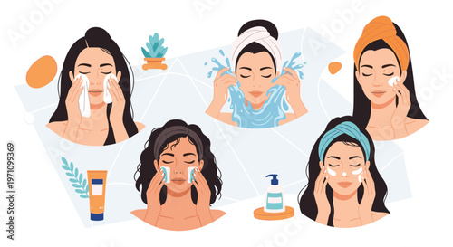 Sequence of illustrations showing a woman performing a thorough facial skincare routine including washing and moisturizing.