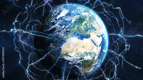 Glowing Earth with Electric Lightning Bolts.