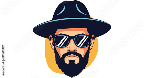 Stylized portrait of a man with a thick beard wearing a wide brimmed hat and dark sunglasses on a yellow background.