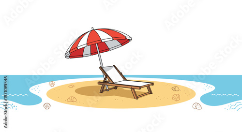 Tropical island scene with a wooden deck chair and striped umbrella on a sandy beach surrounded by ocean waves and shells.