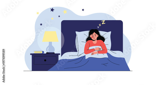 Worried woman lying in bed at night unable to sleep due to insomnia, anxiety, or stress while staring at the ceiling.