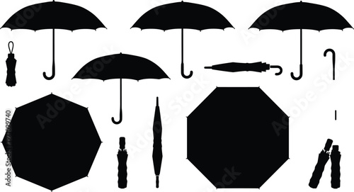 Collection of black umbrella vector silhouettes featuring open closed and top view icons for rainy weather protection and accessory design.