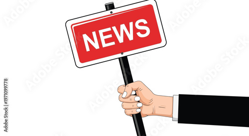 Hand holding a red news sign with a white border and black pole firmly in grasp