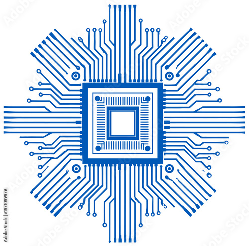 Abstract Blue Integrated Circuit Microchip with Radiating Electronic Circuit Board Traces on White Background