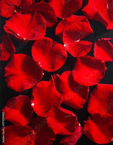 A close-up of vibrant red rose petals scattered on a dark surface